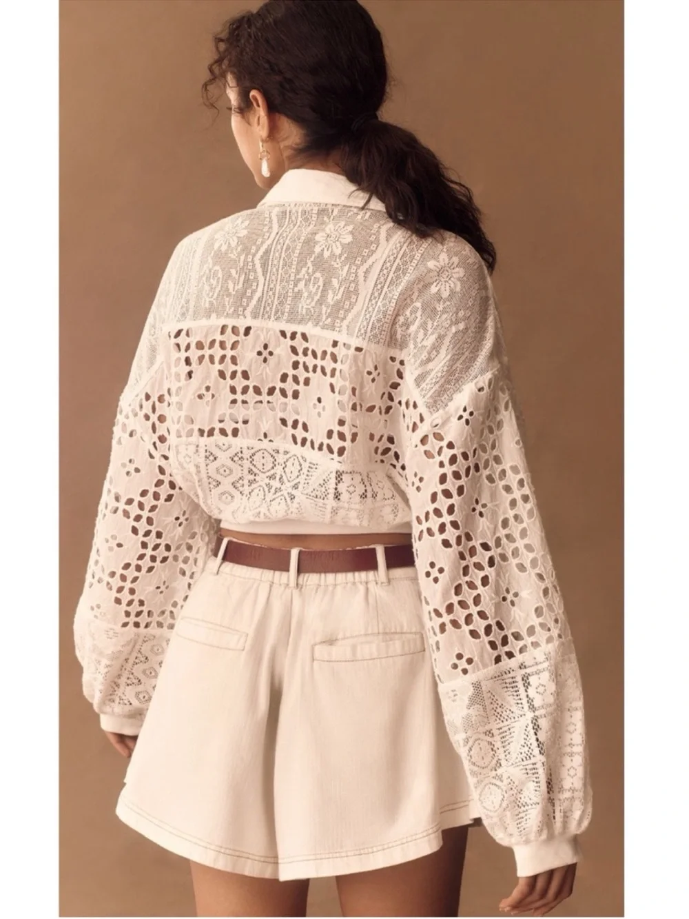 PILCRO by ANTHROPOLOGIE Women’s Size S White Cutwork Bubble-Sleeve Cropped Shirt